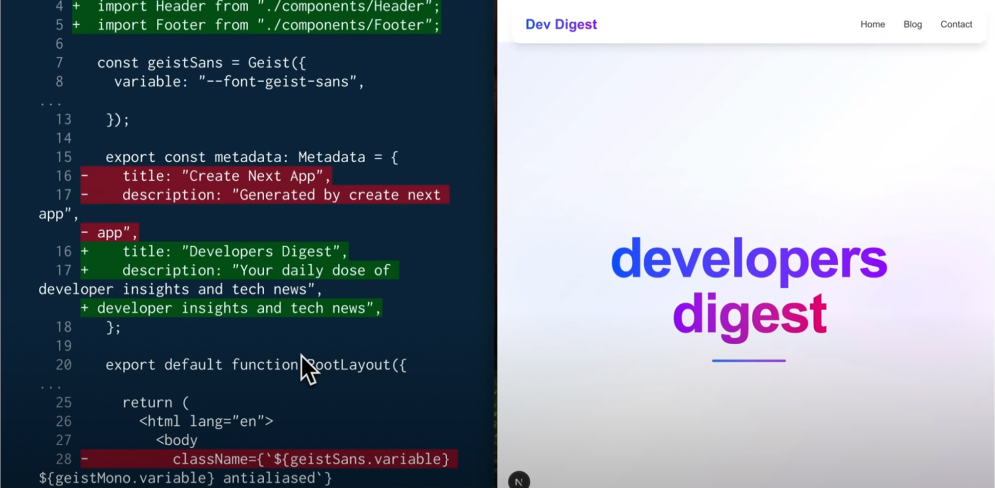 Claude Code terminal diff auto-updating import paths for Header and Footer components and replacing placeholder title with Developers Digest