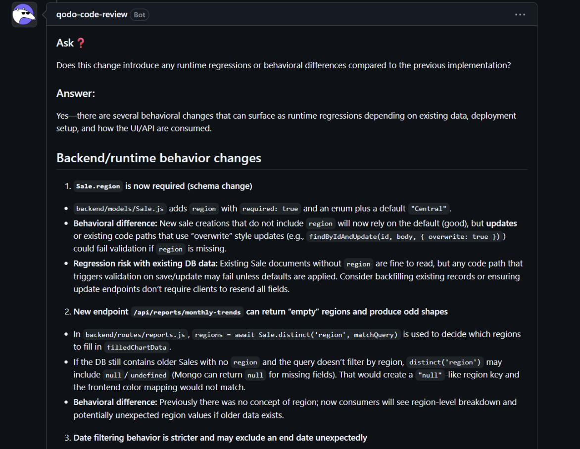 Qodo Review Agent analyzing Sale.region required field schema change and flagging regression risks for overwrite-style updates and existing DB records
