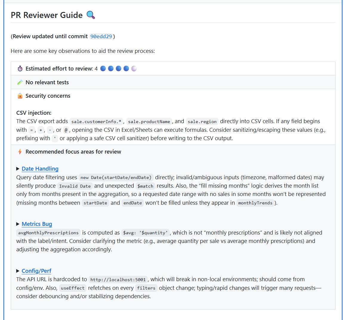 Qodo PR Reviewer Guide flagging CSV injection, date handling bugs, metrics miscalculation, and hardcoded localhost API URL in a production pull request