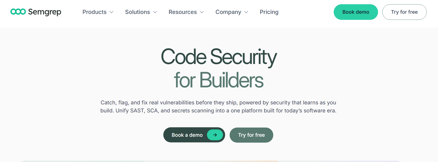 Semgrep homepage with the headline "Code Security for Builders"
