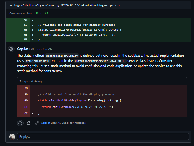 GitHub Copilot flagging clean Email For Display as dead code in Cal.com booking API pull request review
