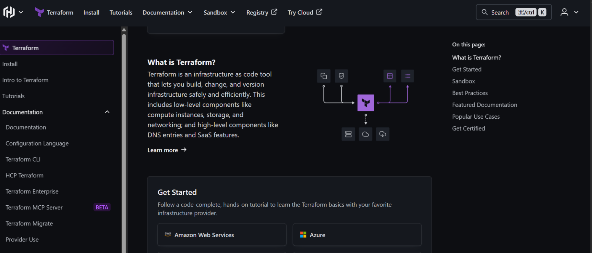 HashiCorp Terraform infrastructure as code documentation page showing IaC tool overview with AWS and Azure provider get-started options