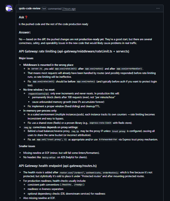 Qodo code review bot responding to a production readiness question with a "No" verdict, listing major issues in the API Gateway including incorrect middleware placement, missing time windows, in-memory per-process rate limiting, and proxy IP attribution errors