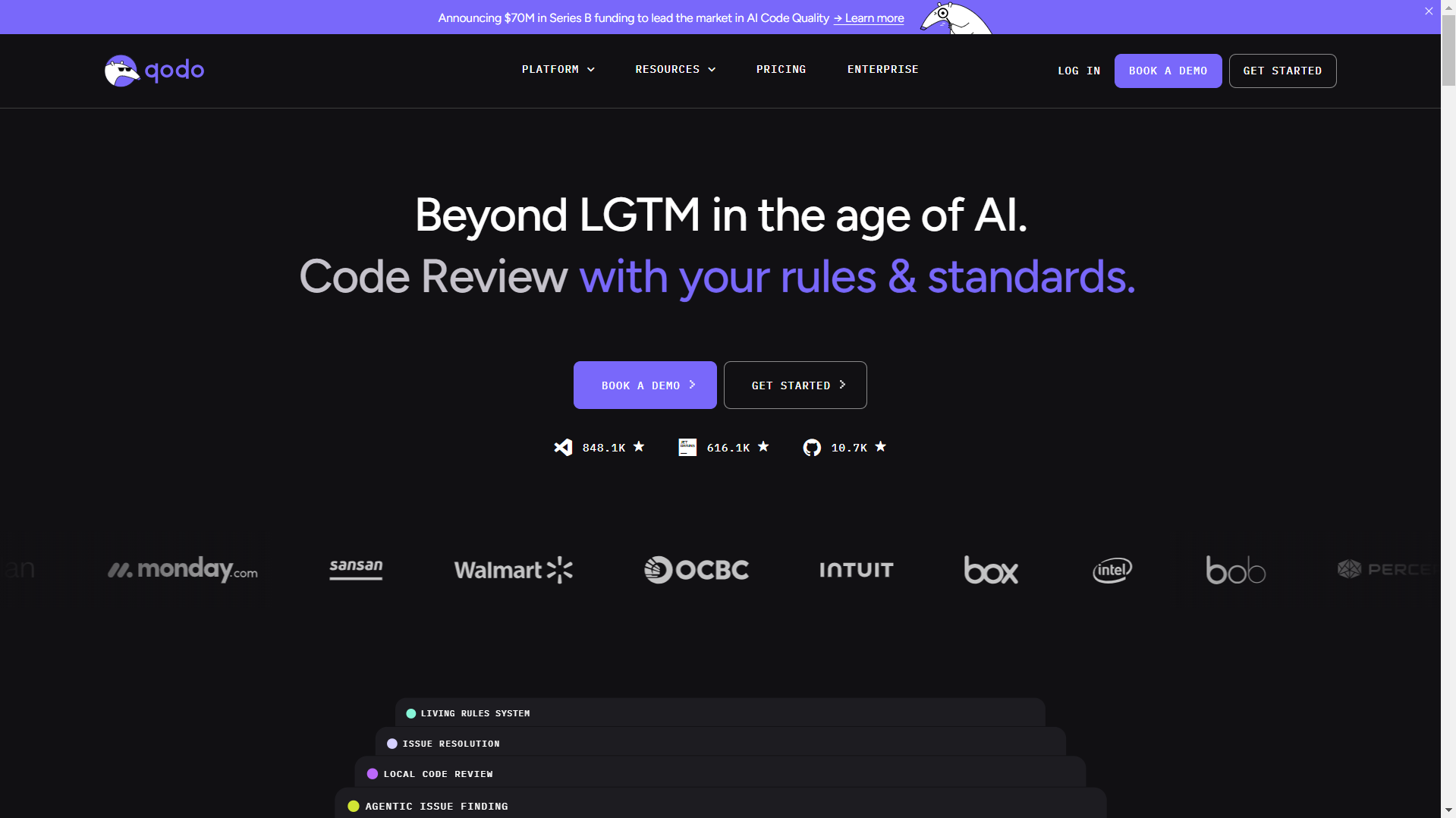 Qodo AI code review platform homepage showing "Beyond LGTM in the age of AI" with Monday.com and Walmart as customers