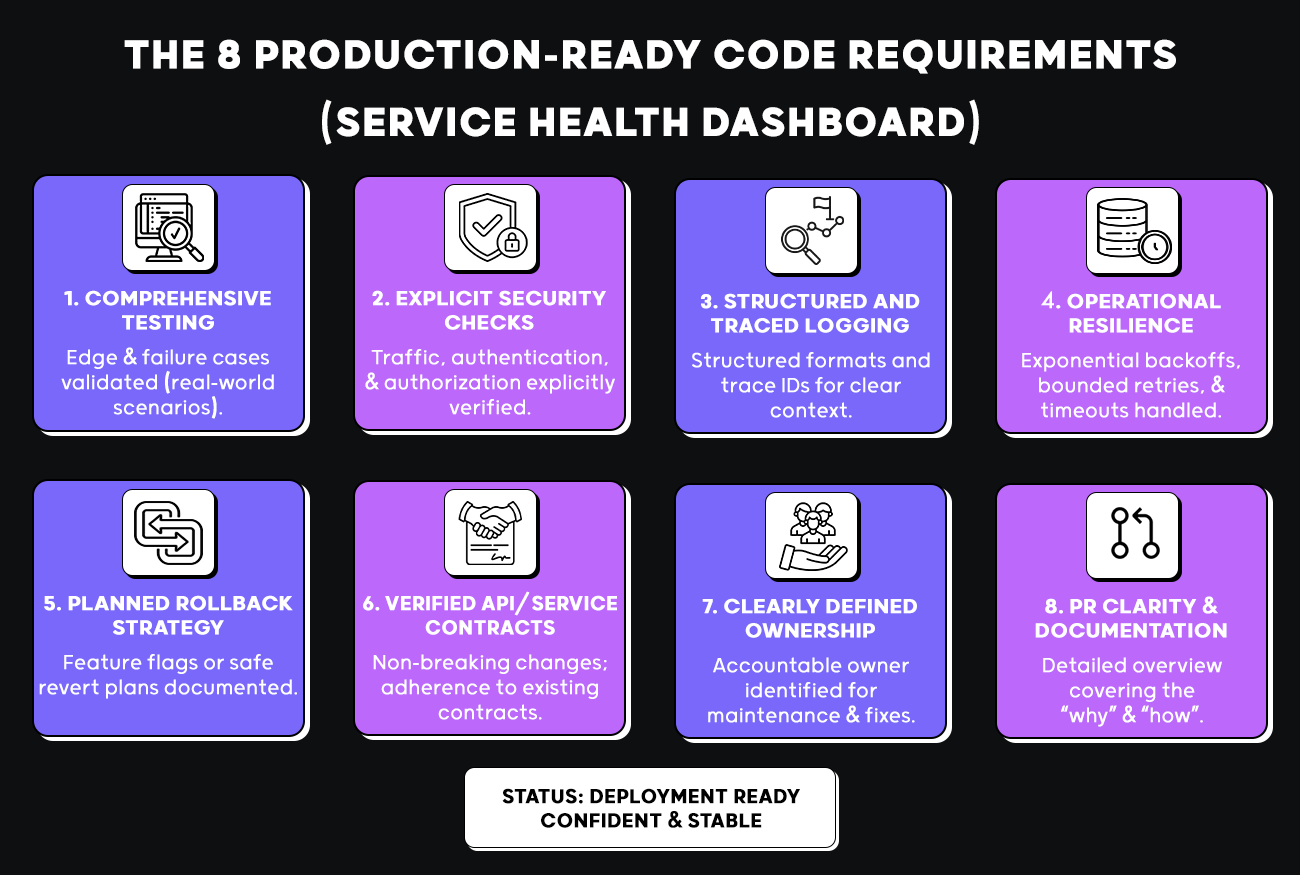 Infographic titled "The 8 Production-Ready Code Requirements" showing a service health dashboard with eight requirements: Comprehensive Testing, Explicit Security Checks, Structured and Traced Logging, Operational Resilience, Planned Rollback Strategy, Verified API/Service Contracts, Clearly Defined Ownership, and PR Clarity and Documentation — all pointing to a "Deployment Ready: Confident and Stable" status
