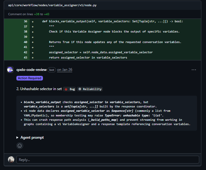 Qodo detecting unhashable type bug where list selector in set causes TypeError in Dify VariableAssigner streaming path
