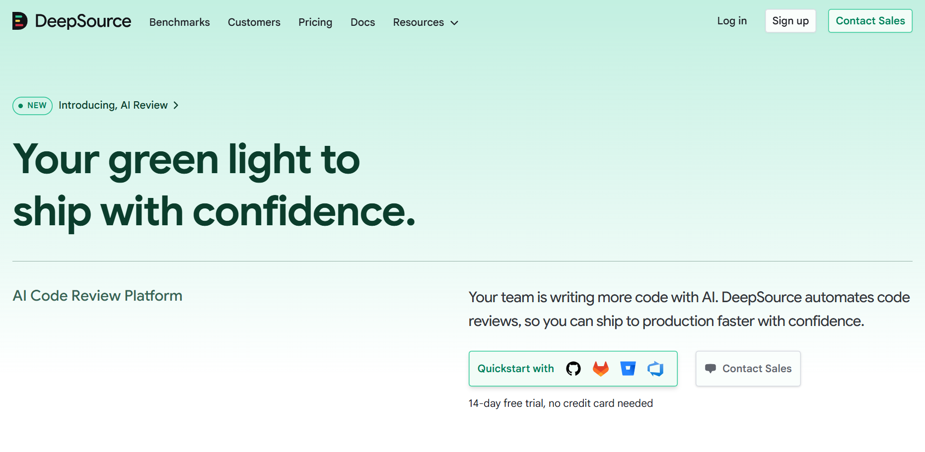 DeepSource homepage with the headline "Your green light to ship with confidence"