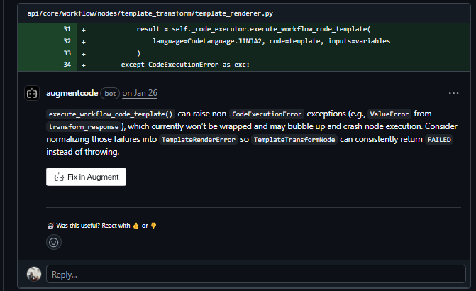 Augment Code bot flagging incomplete exception handling in Dify Jinja2TemplateRenderer where ValueError goes uncaught