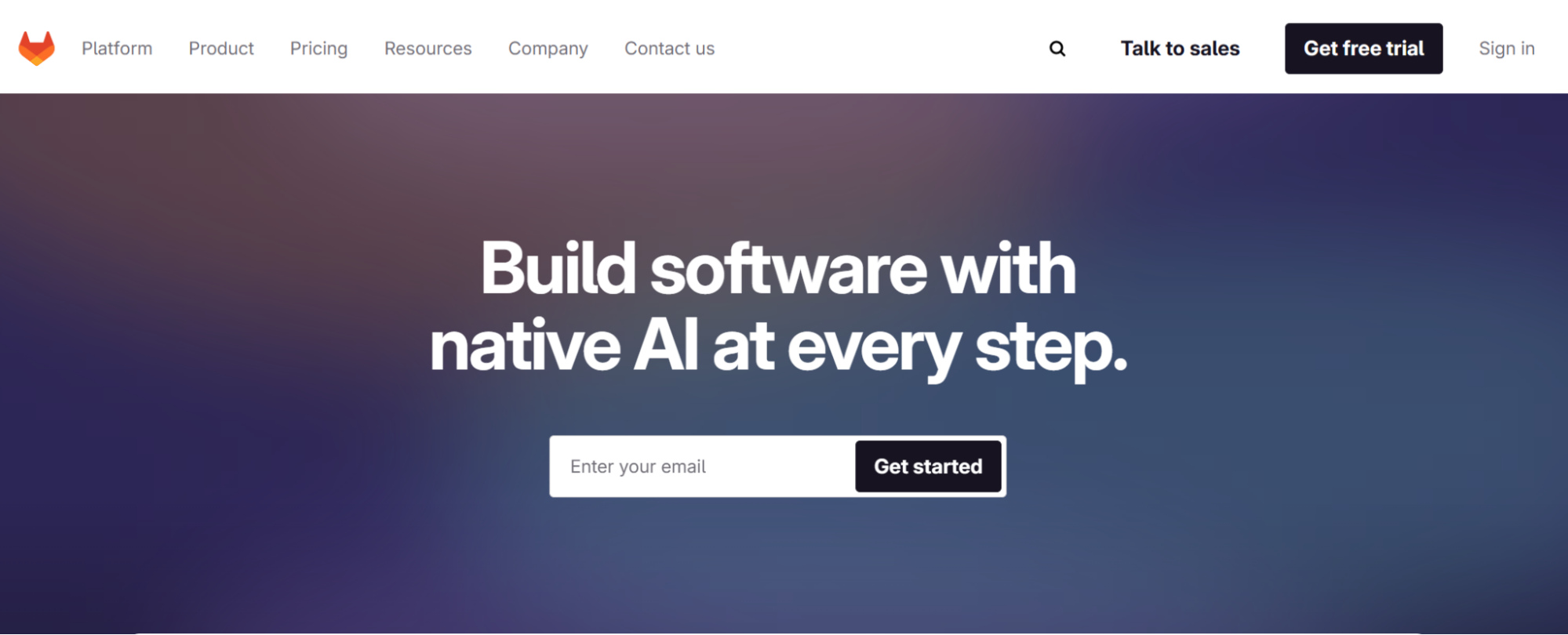 GitLab DevOps platform homepage showing "Build software with native AI at every step" with CI/CD and source code management features