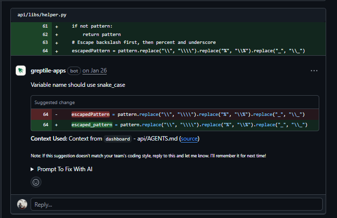 Greptile flagging escapedPattern variable name violating snake_case convention in Dify SQL escaping helper refactor