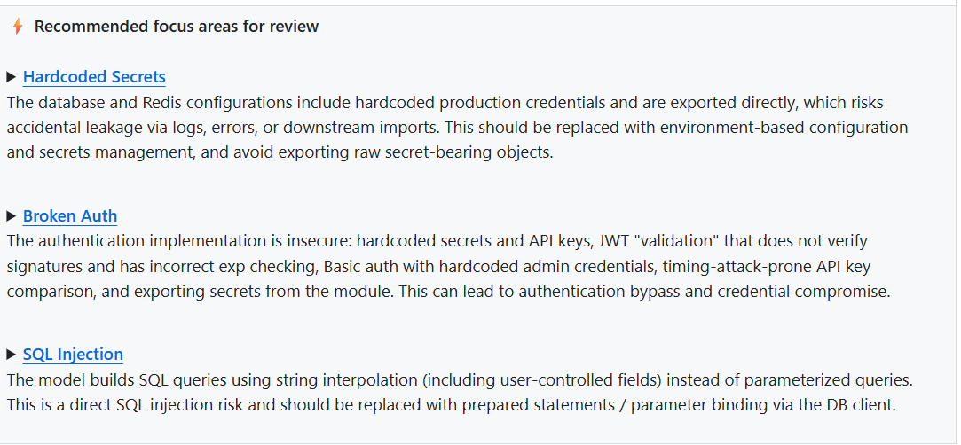 Qodo PR review flagging hardcoded secrets, broken JWT authentication, and SQL injection via string interpolation in a production pull request