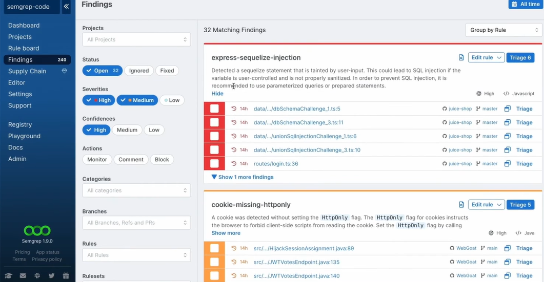 Semgrep findings dashboard showing SQL injection and missing HttpOnly cookie vulnerabilities grouped by rule across multiple files
