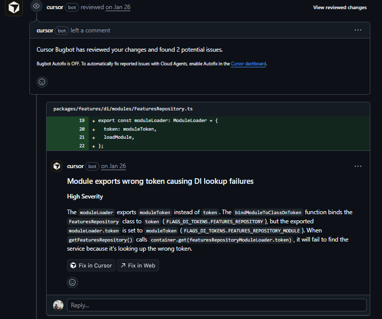 Cursor Bugbot detecting high-severity DI token mismatch in Cal.com FeaturesRepository causing container lookup failure