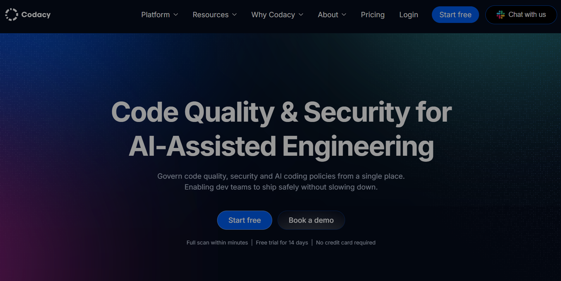 Codacy homepage with the headline "Code Quality and Security for AI-Assisted Engineering