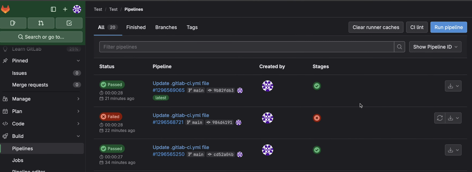 GitLab CI/CD pipelines dashboard showing passed and failed pipeline runs for a gitlab-ci.yml update with execution status and timestamps