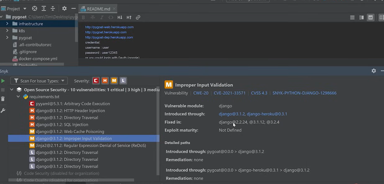 Snyk Code scan showing 10 vulnerabilities in a Django project, with a detail panel tracing an Improper Input Validation CVE through the full dependency chain