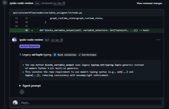 Qodo code review bot flagging legacy set/tuple typing violation in Python 3.12 pull request for Dify workflow node