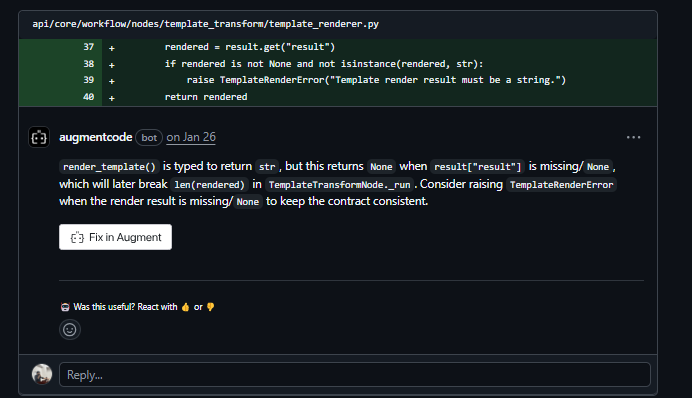 Augment Code detecting return type mismatch in render_template() returning None when result is missing causing crash