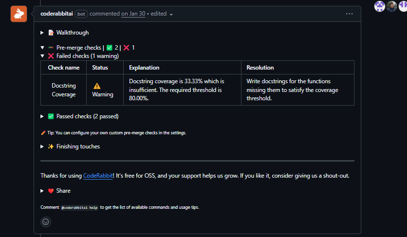 CodeRabbit pre-merge check flagging docstring coverage at 33% against required 80% threshold in Cal.com webhook PR