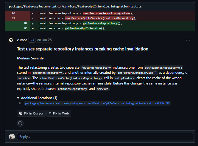Cursor Bugbot identifying medium-severity cache invalidation bug from separate repository instances in Cal.com integration test