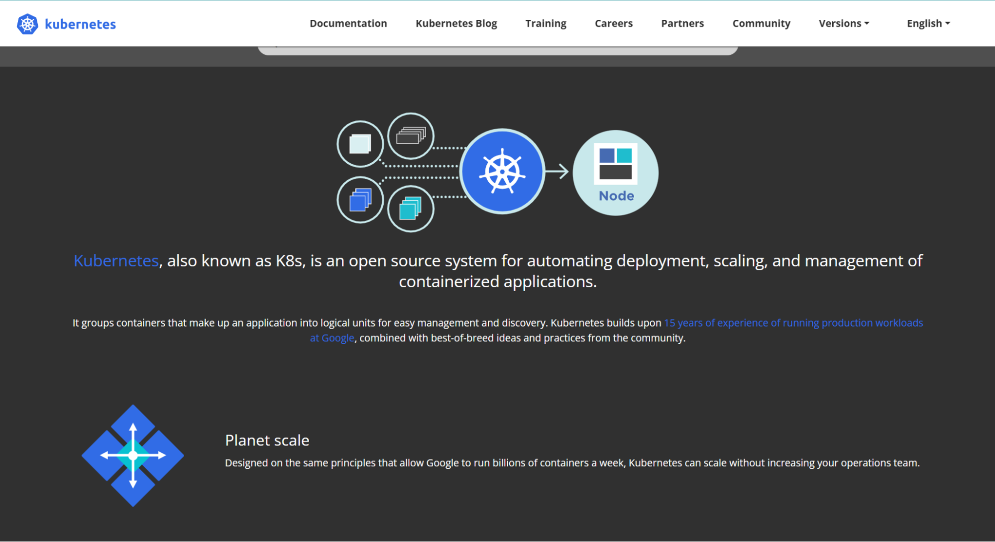 Kubernetes open-source container orchestration platform homepage showing automated deployment, scaling, and management of containerized applications