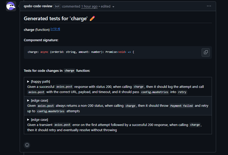 Qodo code review bot comment showing auto-generated tests for the charge async function, covering a happy path scenario and two edge cases for retry behavior under non-200 responses and transient failures