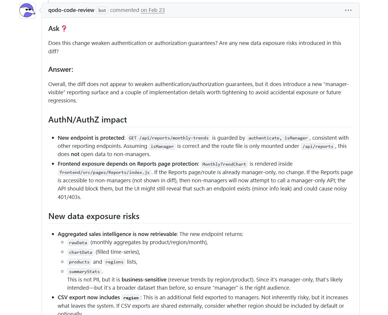Qodo code review bot flagging that a manager-only endpoint could expose its existence to non-managers via frontend routing