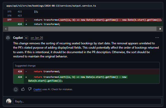 GitHub Copilot identifying unrelated sort removal in getOutputRecurringSeatedBookings during Cal.com displayEmail PR