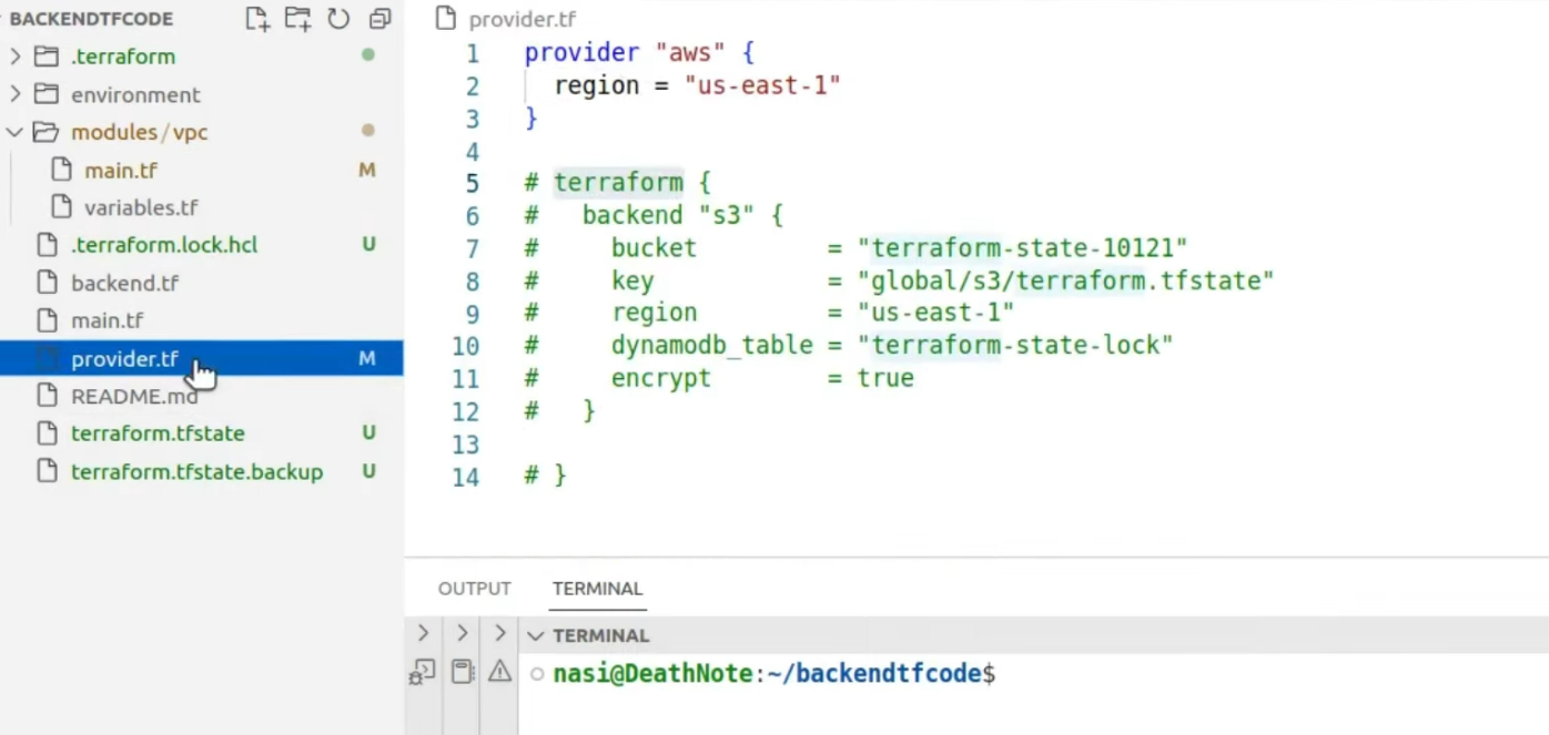 Terraform provider.tf file showing commented-out S3 remote state backend configuration creating local state management and concurrent change risk
