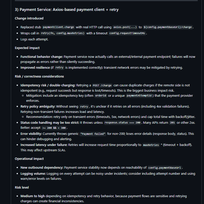 Qodo PR review summary for the payment service showing change details, expected impact, and risk considerations including idempotency risk, retry policy ambiguity, status code handling issues, error visibility gaps, and operational impact notes