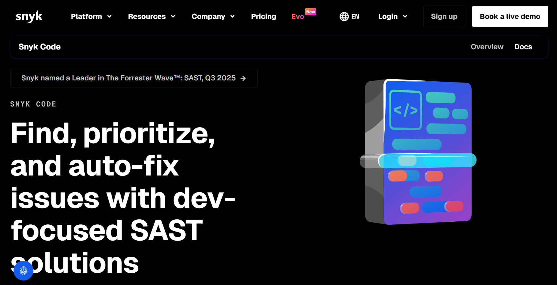 Snyk Code homepage with the headline "Find, prioritize, and auto-fix issues with dev-focused SAST solutions"