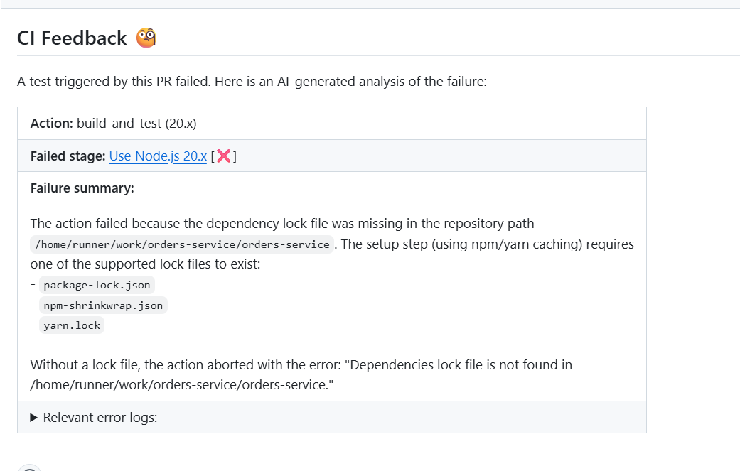 Qodo CI Feedback panel showing failed build-and-test pipeline due to missing dependency lock file package-lock.json in Node.js orders-service