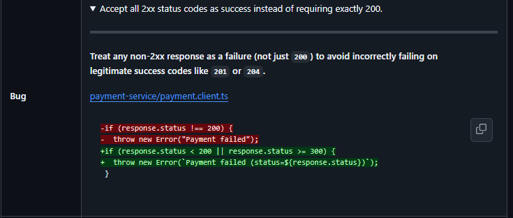 Qodo code review comment in payment-service/payment.client.ts flagging a bug where only HTTP 200 is treated as success, with a suggested fix to treat all 2xx responses as successful to avoid false payment failures