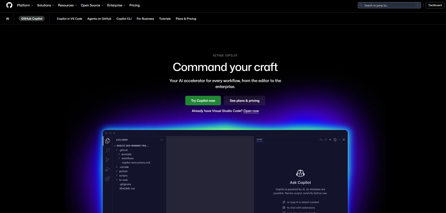 GitHub Copilot AI code review interface showing "Command your craft" with VS Code integration and PR automation features