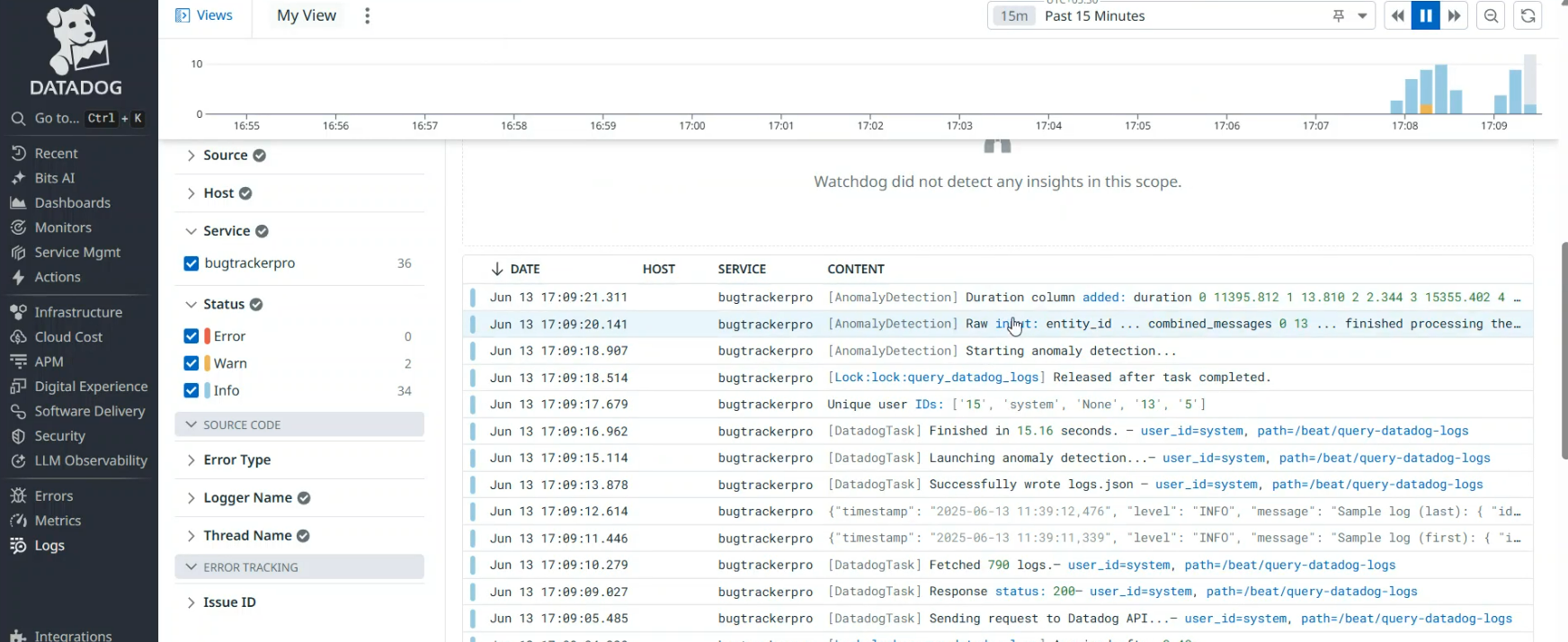 Datadog logs explorer showing anomaly detection events from bugtrackerpro service including lock acquisition, entity IDs, and sample log entries