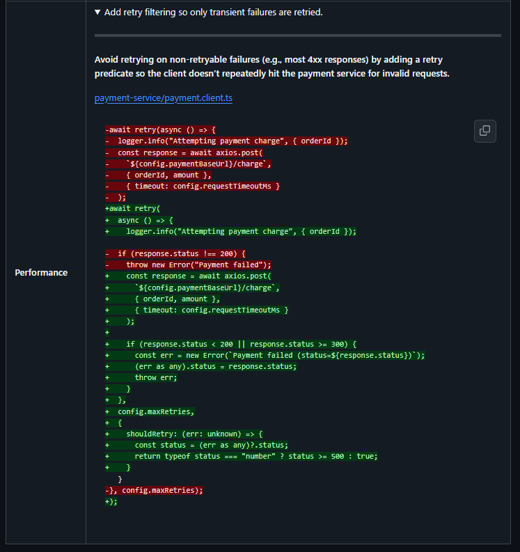Qodo code review comment with a performance suggestion to add a shouldRetry predicate in payment-service/payment.client.ts so only transient failures like 5xx and network errors are retried, preventing unnecessary retries on 4xx validation errors