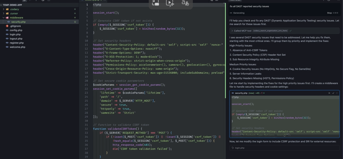 Codacy showing inline CSRF, CSP header, and cookie attribute fixes directly in a PHP security.php file
