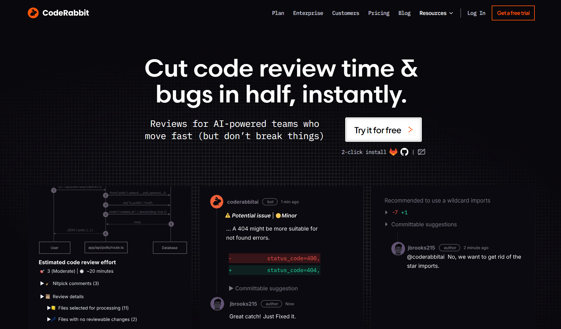 CodeRabbit automated code review homepage showing "Cut code review time and bugs in half" with 2-click GitHub install