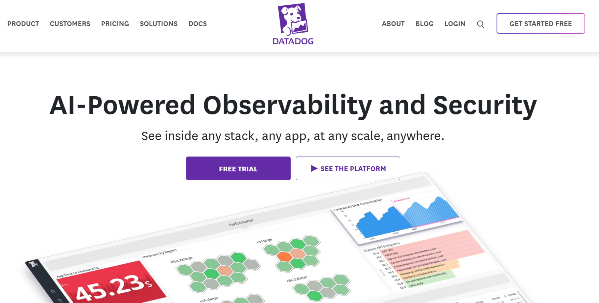 Datadog AI-powered observability and security platform homepage showing unified metrics, logs, and traces for production monitoring