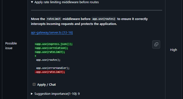 Qodo code review comment flagging incorrect middleware ordering in api-gateway/server.ts, suggesting rateLimit be moved before app.use(routes) to ensure rate limiting runs before request handling, rated 9 out of 10 severity