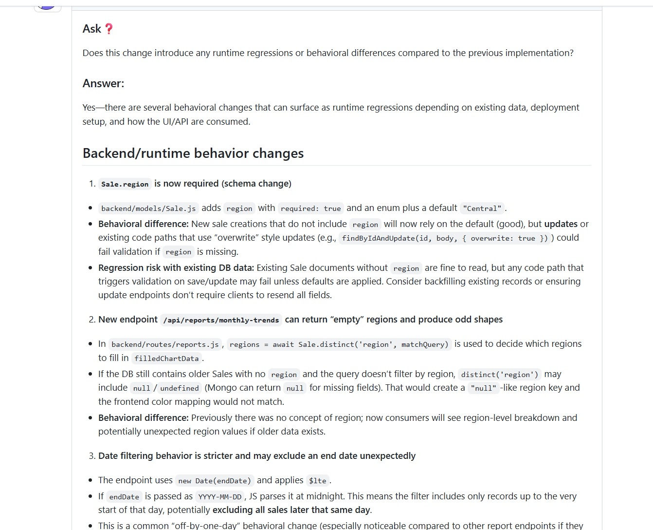 Qodo flagging three runtime risks from a schema change: broken update paths on existing records, null region values in reports, and a date filtering off-by-one bug