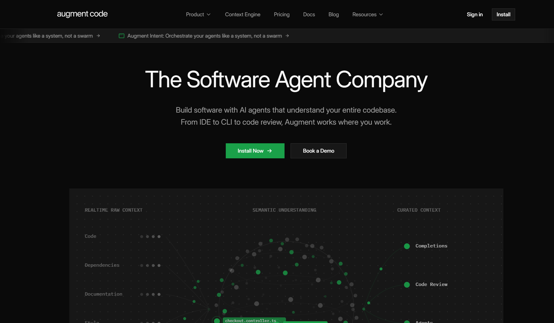 Augment Code AI platform homepage showing full codebase context engine for large production codebases