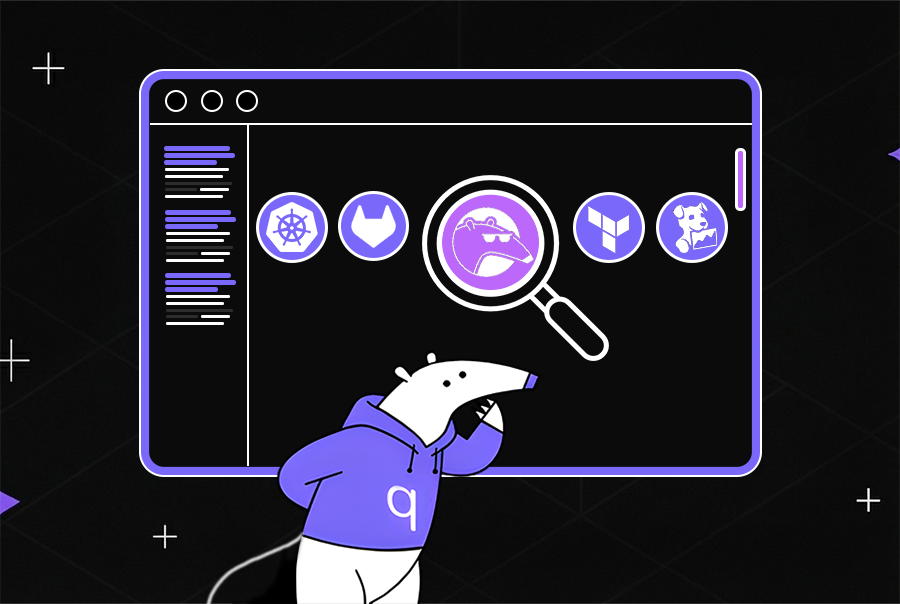 Qodo mascot reviewing top 5 DevOps tools including Kubernetes, GitLab, Terraform, and Datadog for enterprise engineering teams