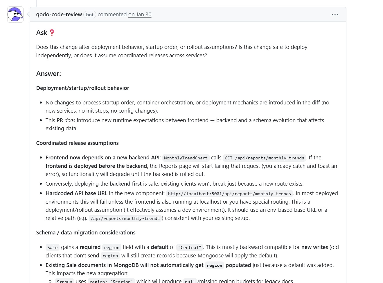 Qodo flagging a frontend-first deploy ordering risk, a hardcoded localhost API URL, and a MongoDB migration gap that could produce null values in aggregation.