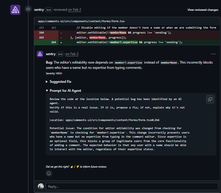 Sentry PR review flagging high-severity regression where editor blocks users with no expertise from typing comments in Ghost CMS