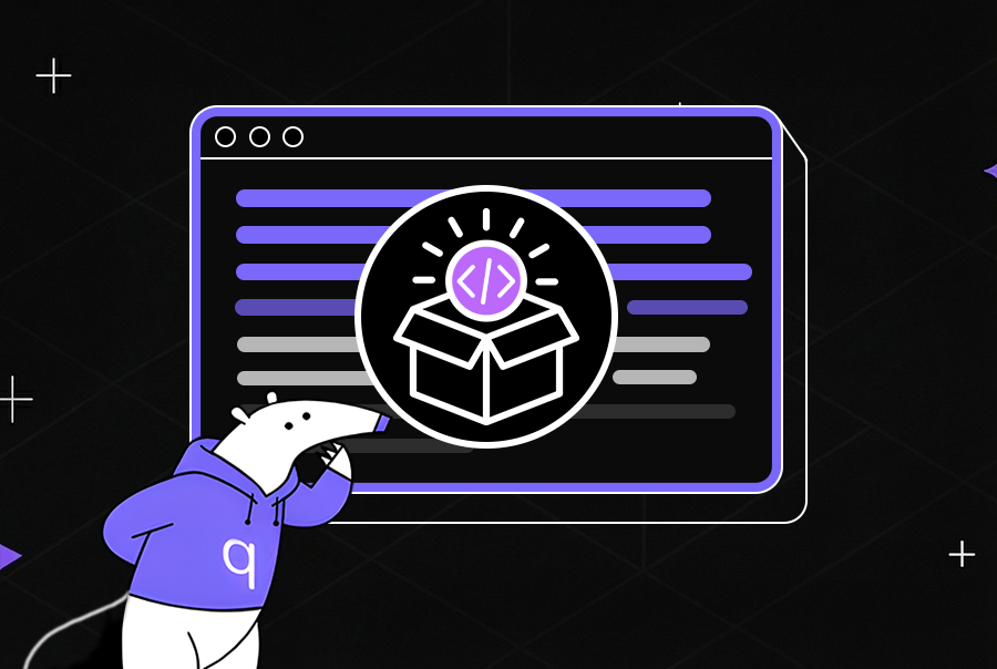 Qodo mascot standing next to a dark-themed code editor window showing lines of code and a circular code icon, representing AI-assisted code review