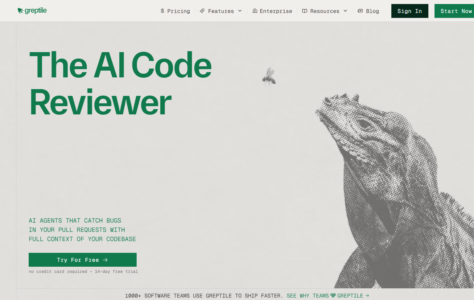 Greptile AI code reviewer homepage showing full codebase context for PR review with semantic code search