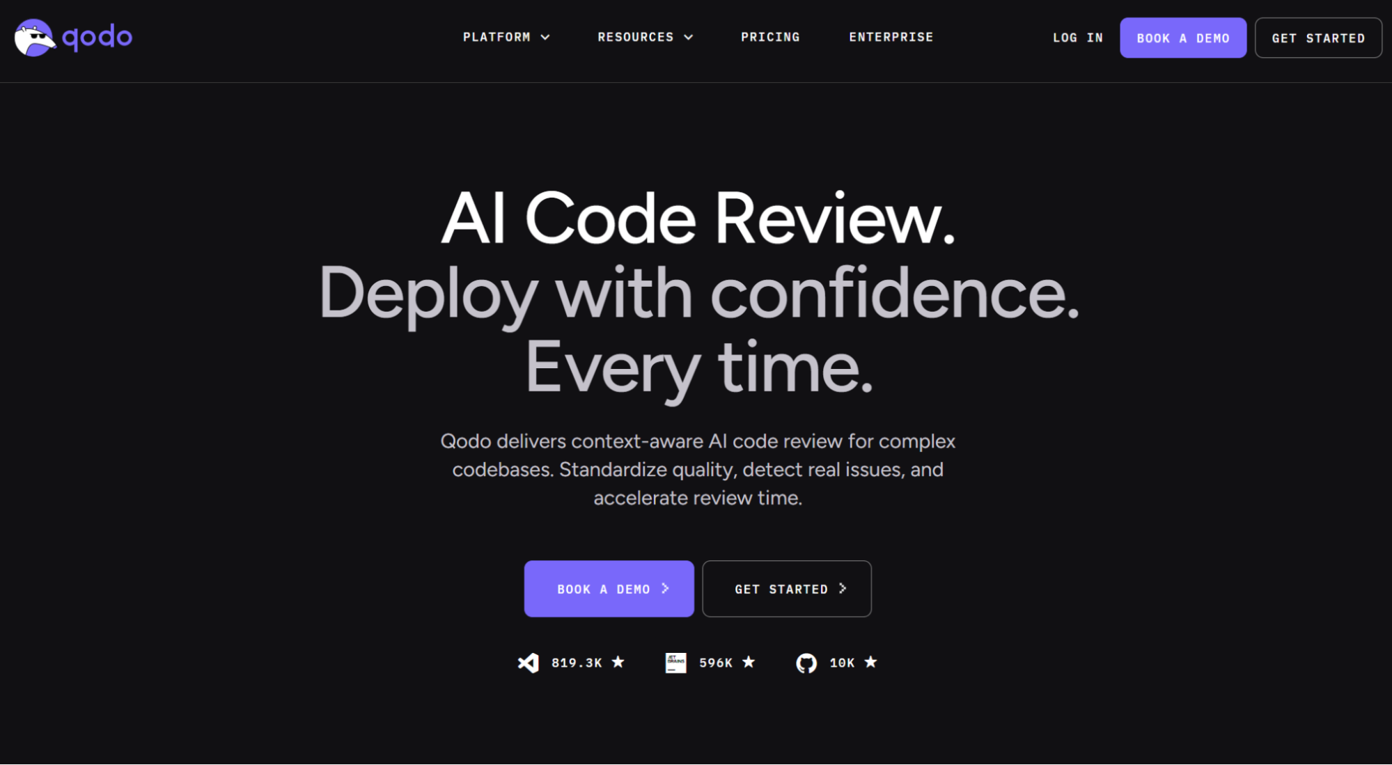 Qodo AI code review platform homepage showing "Deploy with confidence. Every time." with 819K stars and enterprise customer logos