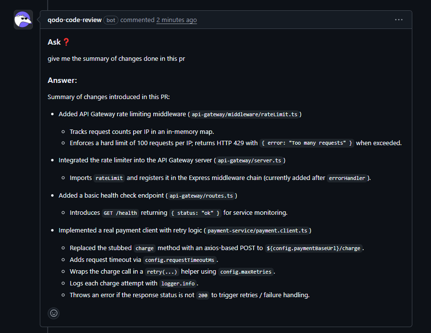 Qodo code review bot answering a question about PR changes, listing four additions: API Gateway rate limiting middleware, rate limiter integration in server.ts, a health check endpoint, and a real payment client with retry logic
