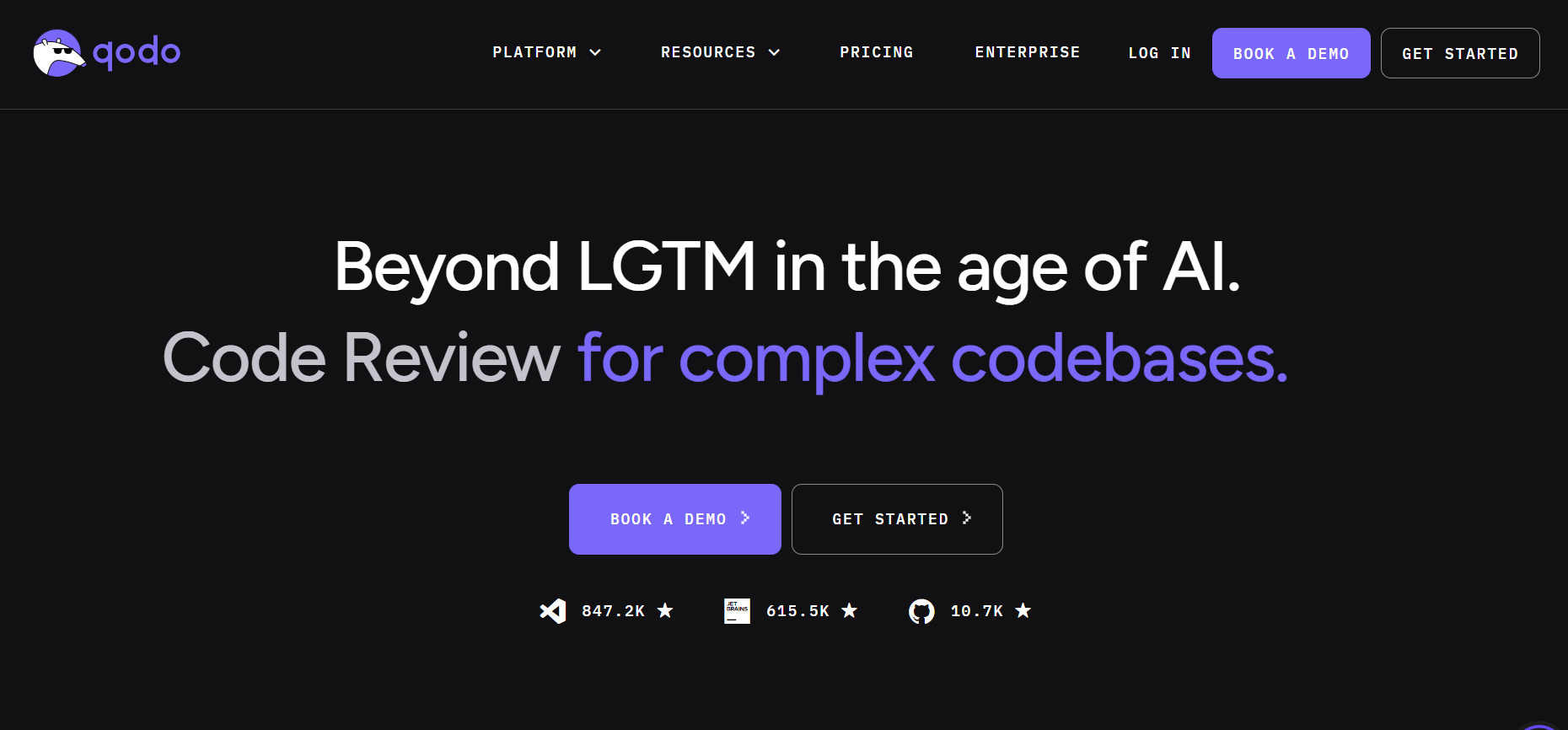Qodo homepage with the headline "Beyond LGTM in the age of AI — Code Review for complex codebases"
